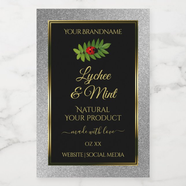 Silver Glitter Black Product Labels Ladybug Leaf (Single Label)