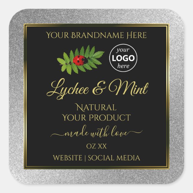 Silver Glitter Black Product Labels Ladybug Logo (Front)