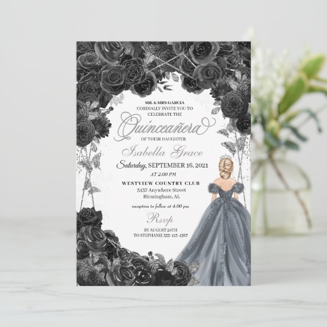 Silver Glitter Black Roses Spanish Quinceañera Invitation (Standing Front)