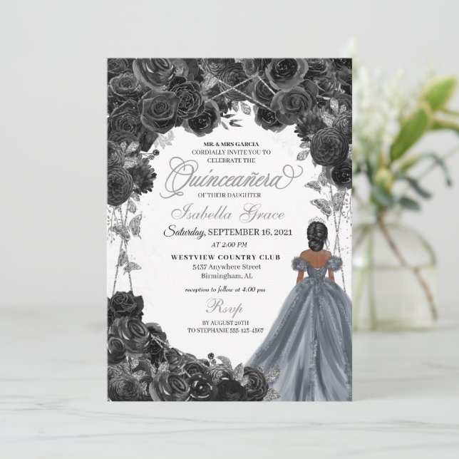 Silver Glitter Black Roses Spanish Quinceañera Invitation (Standing Front)