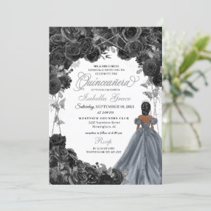 Silver Glitter Black Roses Spanish Quinceañera Invitation