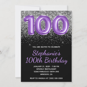 Silver Glitter Black Royal Purple Number 100 Invitation