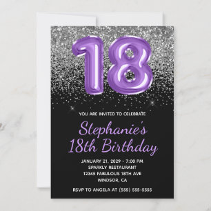 Silver Glitter Black Royal Purple Number 18 Invitation
