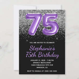 Silver Glitter Black Royal Purple Number 75 Invitation