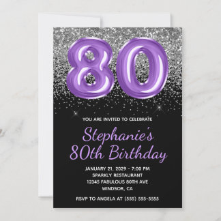 Silver Glitter Black Royal Purple Number 80 Invitation