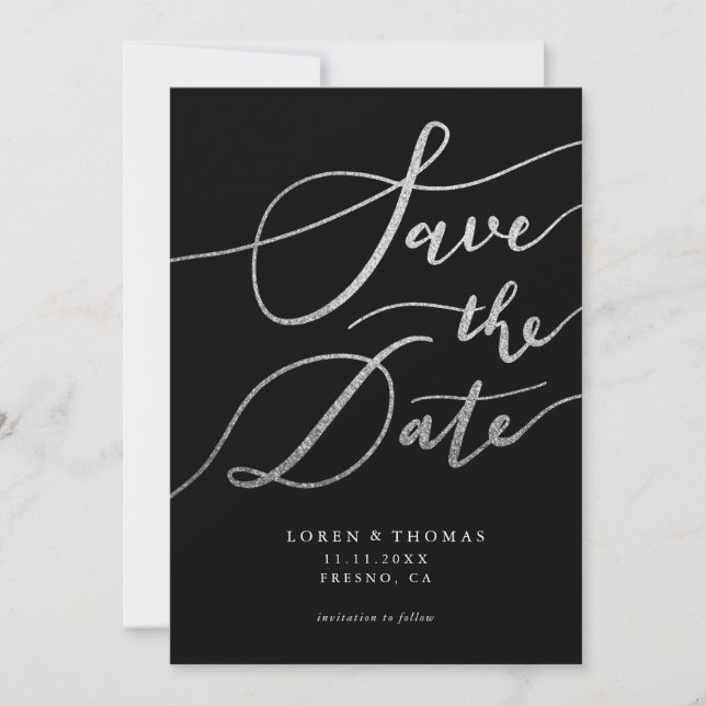 Silver Glitter Black Script Typography Save The Date (Front)