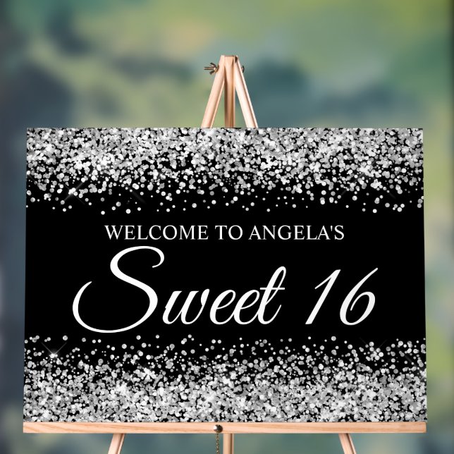 Silver Glitter Black Sweet 16 Acrylic Sign (Neutral)