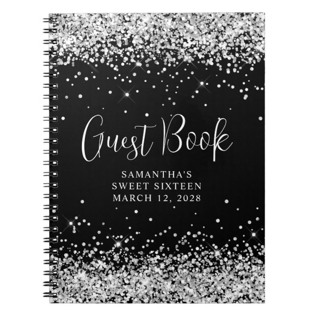 Silver Glitter Black Sweet 16 Birthday Guest Notebook (Front)