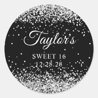 Silver Glitter Black Sweet 16 Classic Round Sticker