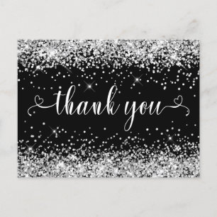 Silver Glitter Black Sweet 16 Hearts Thank You Postcard