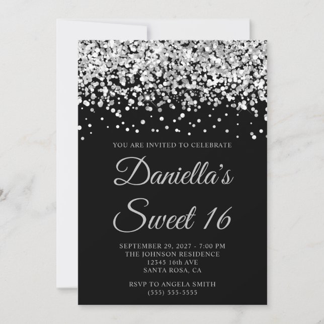 Silver Glitter Black Sweet 16 Invitation (Front)