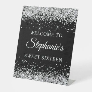Silver Glitter Black Sweet Sixteen Welcome Pedestal Sign