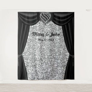 Silver Glitter Black & White Heart Black Curtain Tapestry