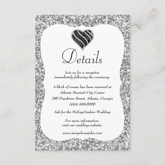 Silver Glitter Black & White Heart Wedding Details Enclosure Card (Front)