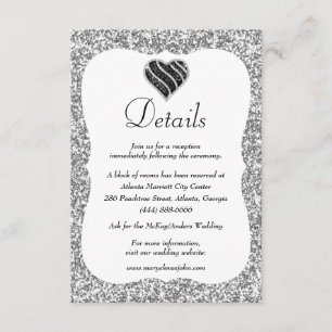 Silver Glitter Black & White Heart Wedding Details Enclosure Card