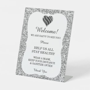 Silver Glitter Black & White Heart Wedding Safety Pedestal Sign