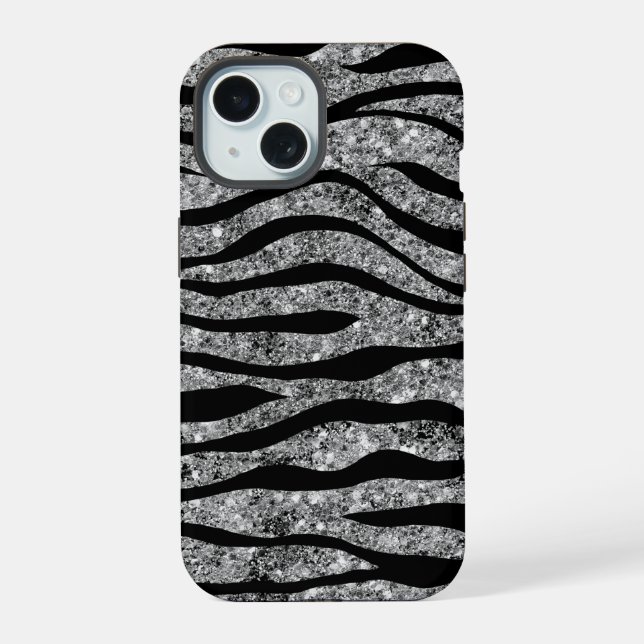 Silver Glitter & Black Zebra Stripes iPhone 15 Case (Back)