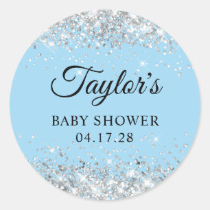 Silver Glitter Blue Baby Shower Classic Round Sticker