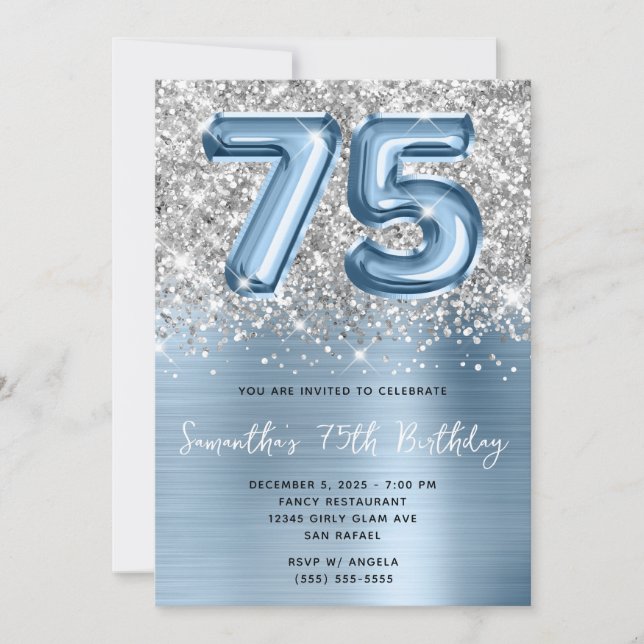 Silver Glitter Blue Balloon Glam 75th Birthday Invitation (Front)