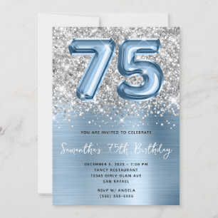 Silver Glitter Blue Balloon Glam 75th Birthday Invitation