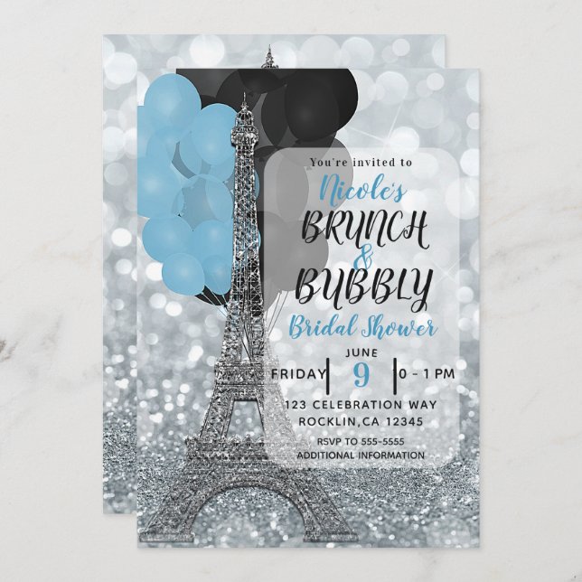 Silver Glitter Blue Balloons Eiffel Tower Paris Invitation (Front/Back)