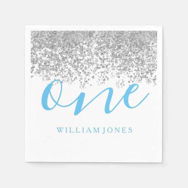 Silver Glitter Blue Boys 1st birthday party Napkin (Front)