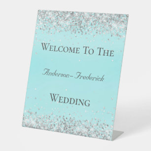 Silver Glitter Blue Elegant Wedding Welcome Sign