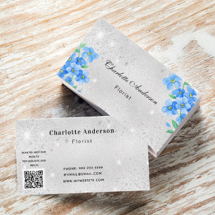 Silver glitter blue floral QR code  Business Card