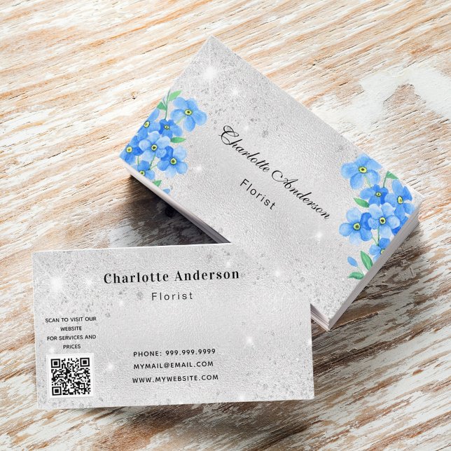Silver glitter blue floral QR code  Business Card (Creator Uploaded)
