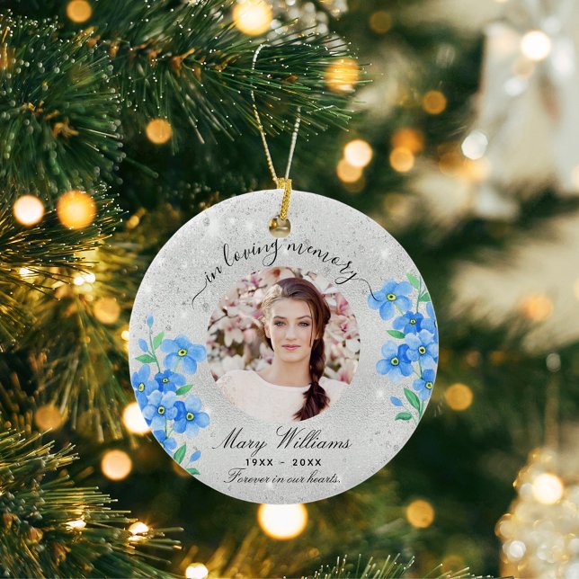 Silver glitter blue florals photo memorial ceramic tree decoration (Creator Uploaded)