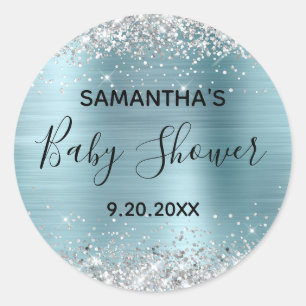 Silver Glitter Blue Foil Baby Shower Classic Round Sticker
