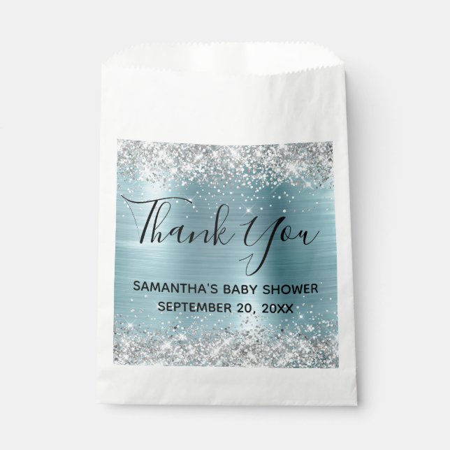 Silver Glitter Blue Foil Baby Shower Thank You Favour Bags (Front)