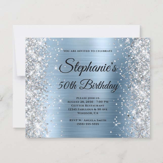 Silver Glitter Blue Foil Monogram 50th Birthday (Front)