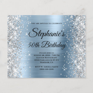 Silver Glitter Blue Foil Monogram 50th Birthday Flyer