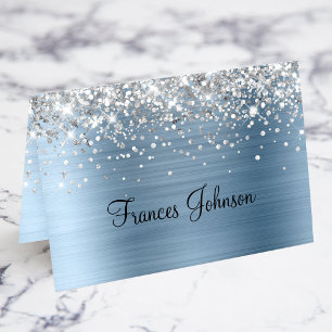 Silver Glitter Blue Foil Name Place Cards