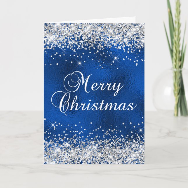 Silver Glitter Blue Glass Foil Merry Christmas Card (Front)