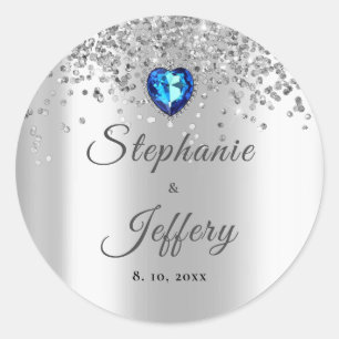 Silver Glitter Blue Heart Sparkle Wedding Classic Round Sticker