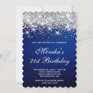 Silver Glitter Blue Navy Ombre Bold 21st Birthday  Invitation