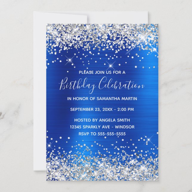 Silver Glitter Blue Ombre Birthday Celebration Invitation (Front)