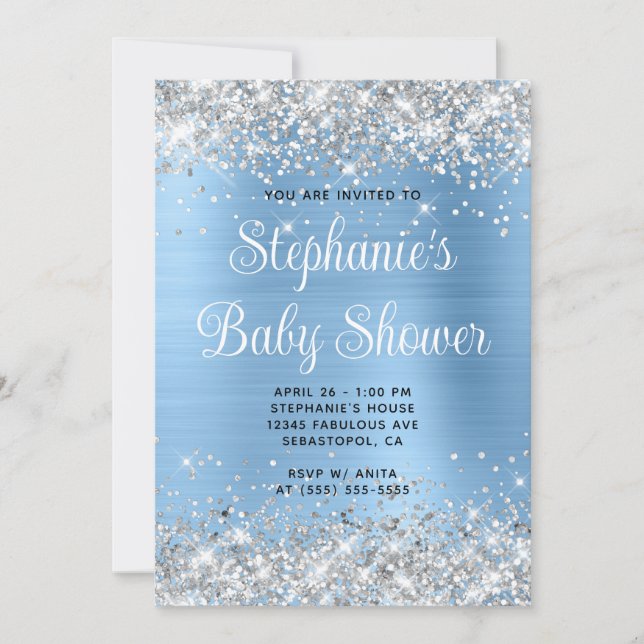 Silver Glitter Blue Online Registry Baby Shower Invitation (Front)