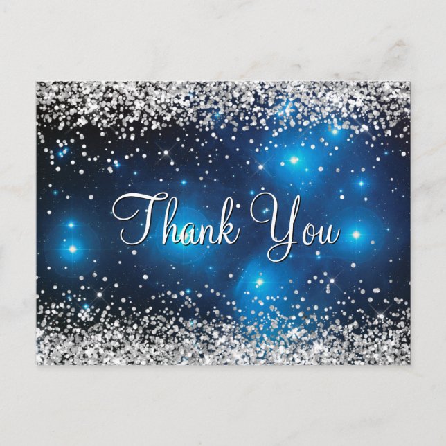 Silver Glitter Blue Pleiades Celestial Thank You Postcard (Front)