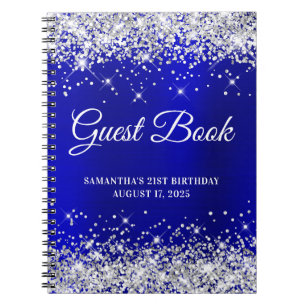 Silver Glitter Blue Satin 21st Birthday Guestbook Notebook