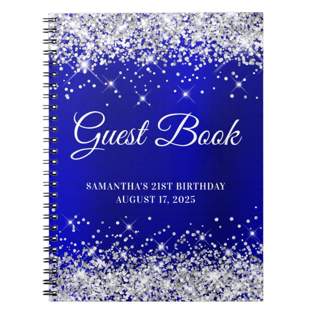 Silver Glitter Blue Satin 21st Birthday Guestbook Notebook (Front)