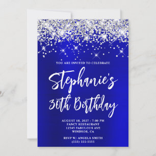 Silver Glitter Blue Satin Bold 30th Birthday Invitation