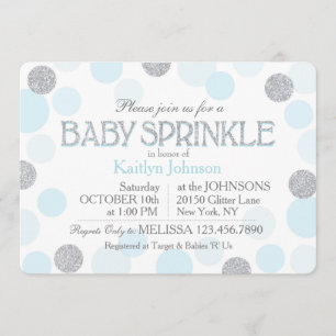 Silver Glitter Blue Scatter Dots Baby Sprinkle Invitation