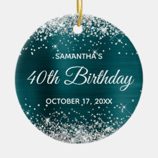 Silver Glitter Blue Teal Foil 40th Birthday Ceramic Tree Decoration