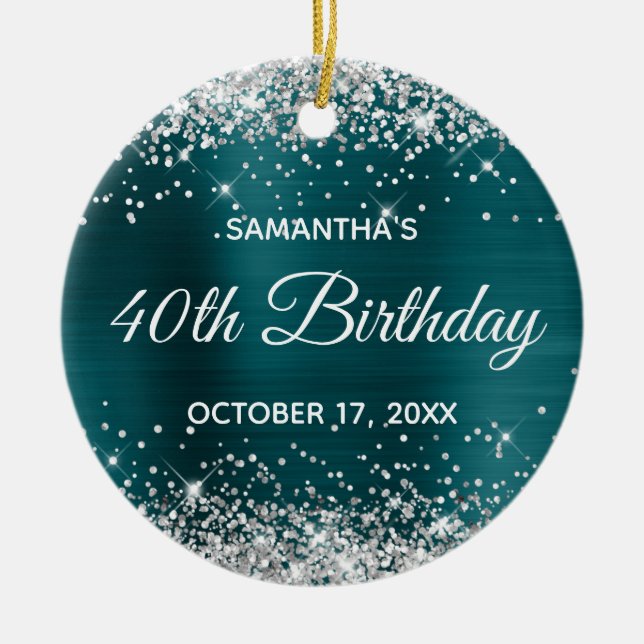 Silver Glitter Blue Teal Foil 40th Birthday Ceramic Tree Decoration (Front)