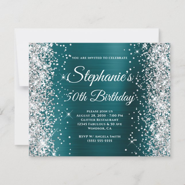 Silver Glitter Blue Teal Foil 50th Birthday (Front)