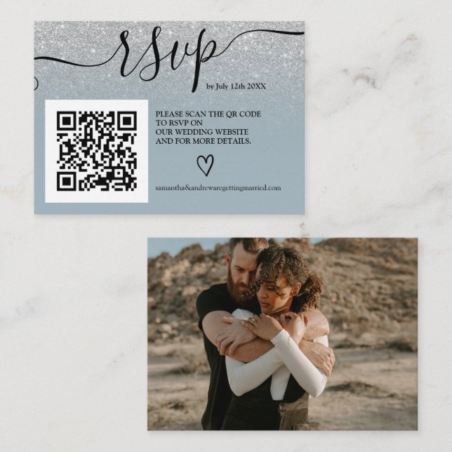 Silver glitter blue wedding rsvp Qr code photo Enclosure Card (Front/Back)