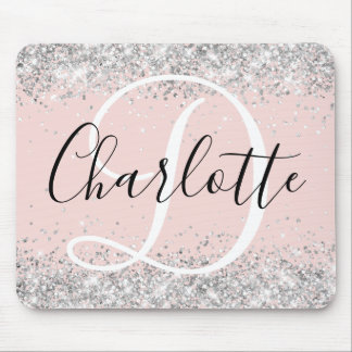 Silver Glitter Blush Black and White Monogram Mouse Mat
